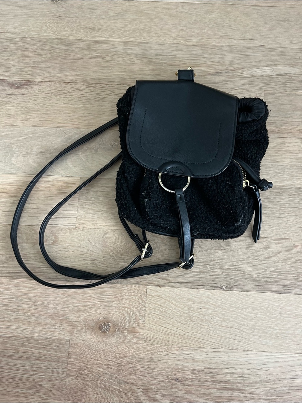 wild fable Black Faux Sherpa Mini Backpack with Ring Detail